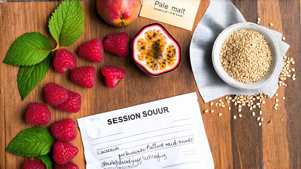 Flat lay of homebrewing ingredients for session sour: pale malt grains, Lactobacillus culture, raspberries, passion fruit