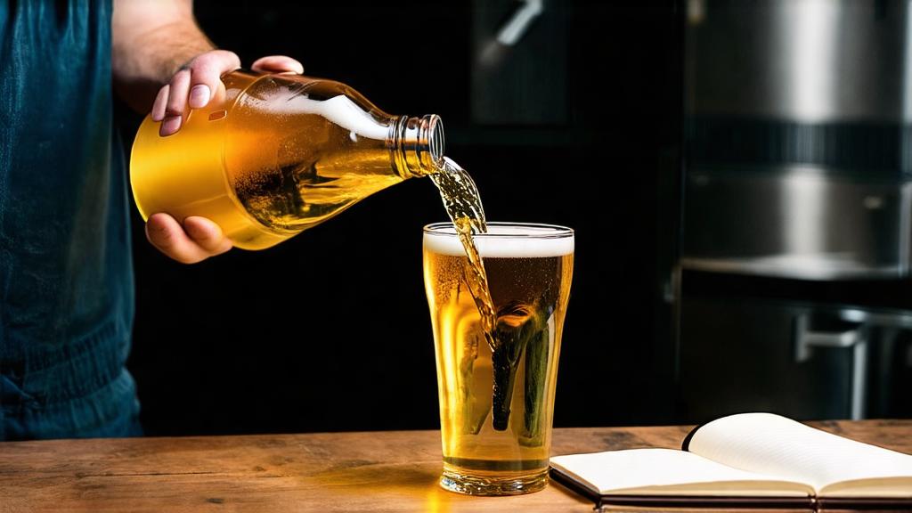 A pint of smoked rauchbier with tasting notes, pen, and bread on a wooden table
