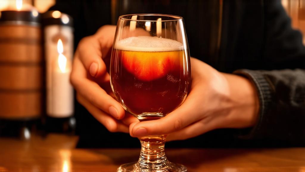 Hands holding tulip glass with ruby-amber fruited sour beer, examining colour against light