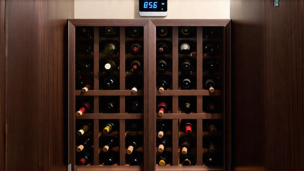Temperature-controlled cellar closet with dark wooden racks, thermometer showing 55F, cork-sealed bottles lying horizontal