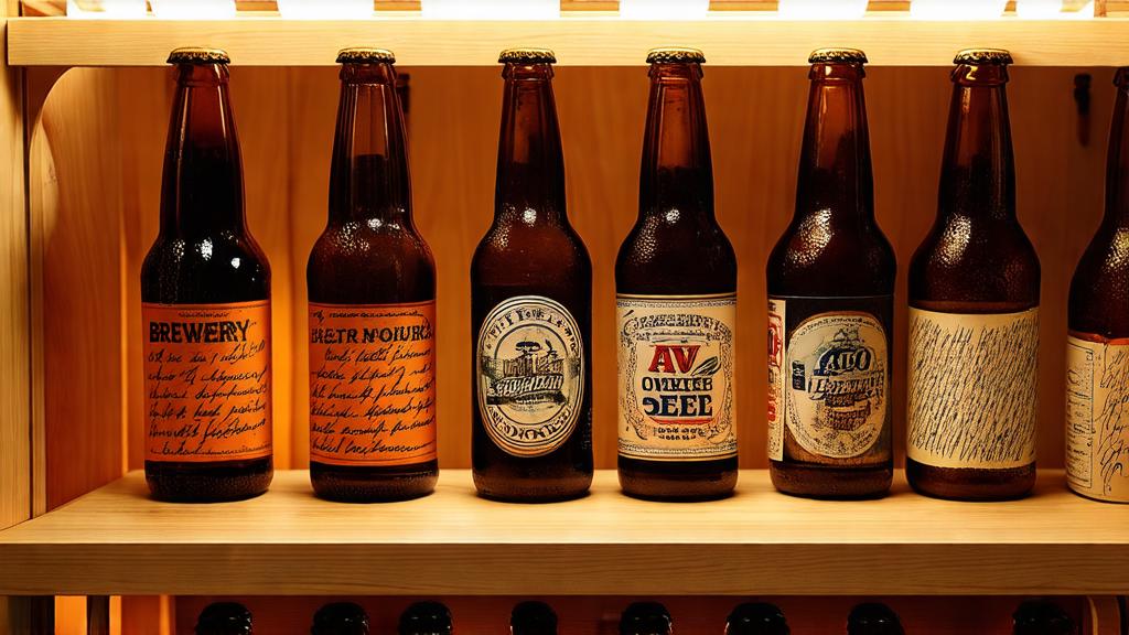 Hand-written vintage beer labels on glass bottles showing brewery, year, ABV, tasting notes, stored in wine rack