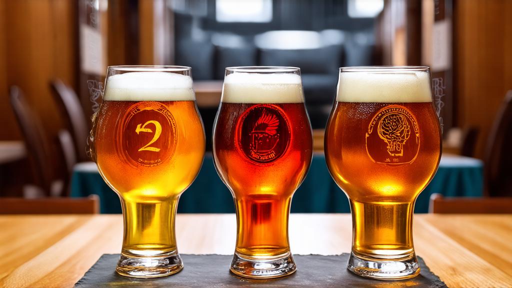 Beer tasting flight showing four glasses of same style at different ages - color evolution from amber to deep reddish-brown