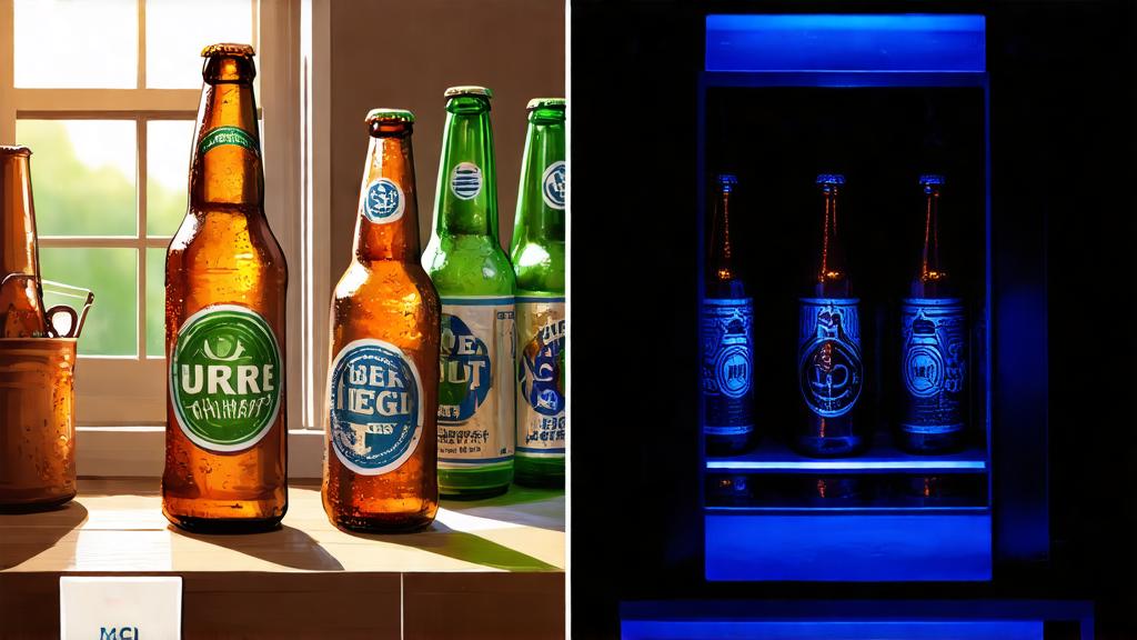 Comparison showing beer storage mistakes - upright bottles, sunny window, warm garage - versus proper dark cool cellar